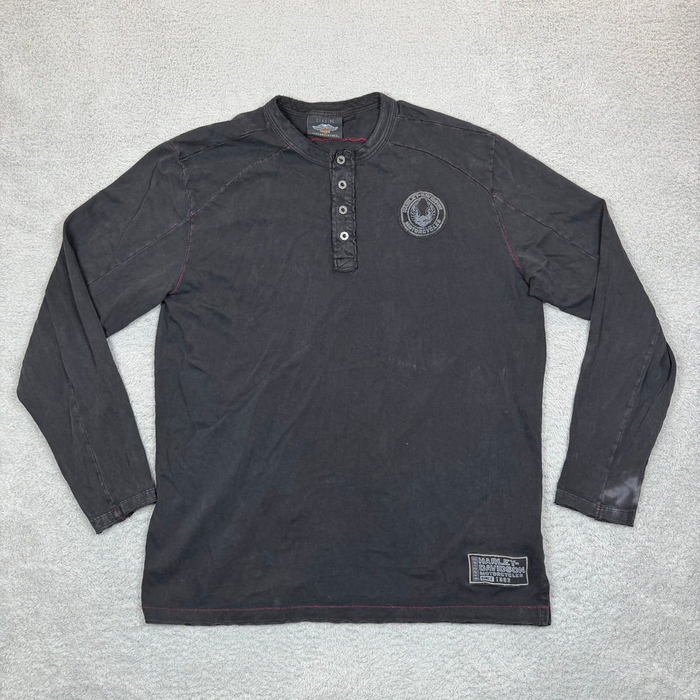 Harley Davidson Mens XL Long Sleeve Henley Shirt Black Graphic Biker Cotton